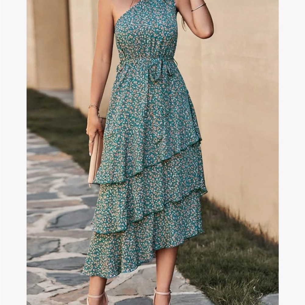 Floral Green One-Shoulder Dress